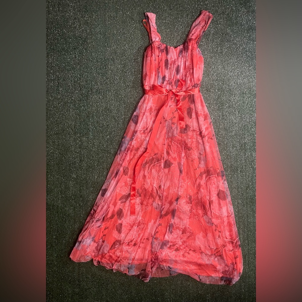 Sleeveless Floral Maxi Dress with Waist Tie in Coral Red
